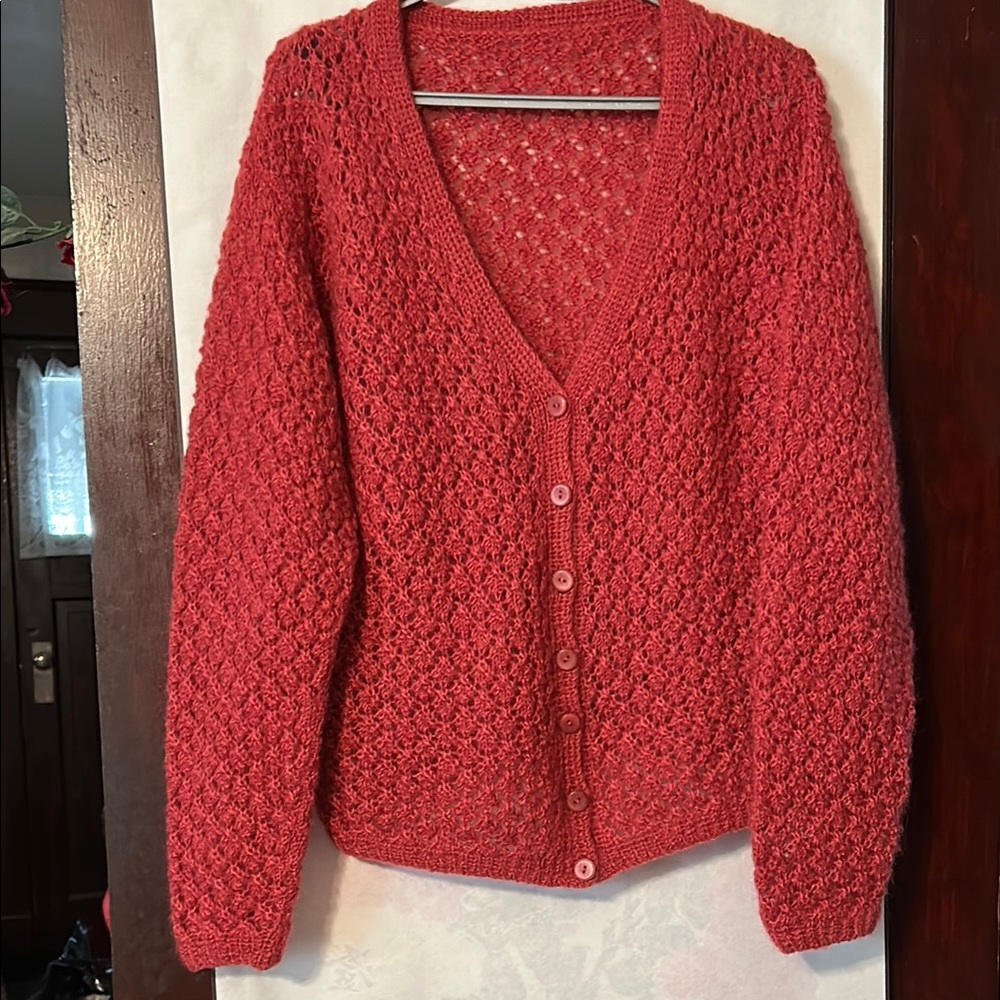British made Swaledale Woollens Women's Red Knit Cardigan Sweater, 100% Wool